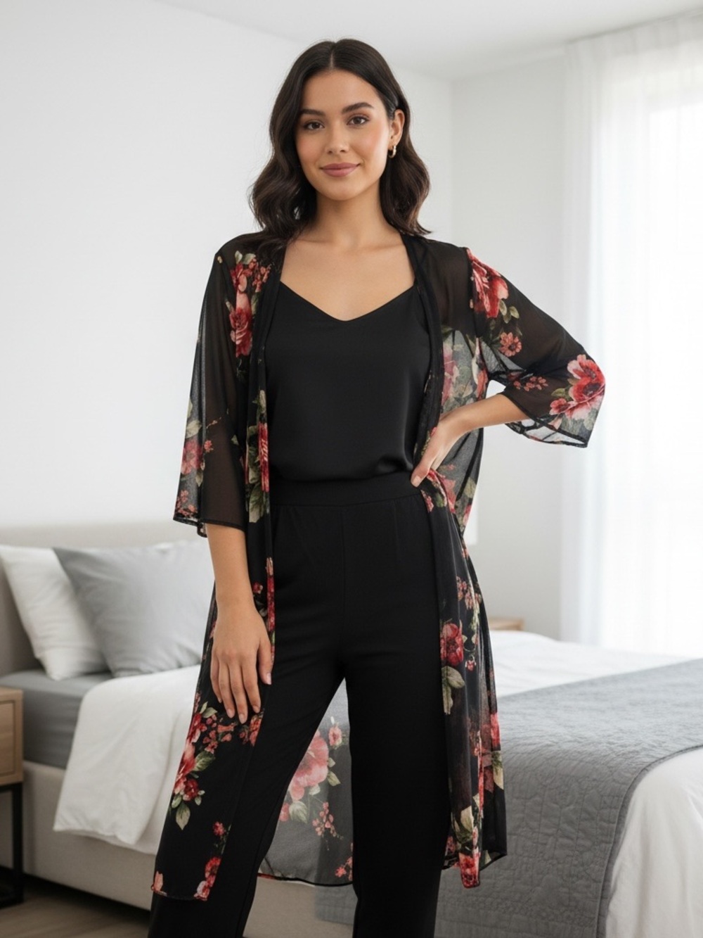 Emma & Olive Floral Black and Red Women's Cardigan/Kimono Size M